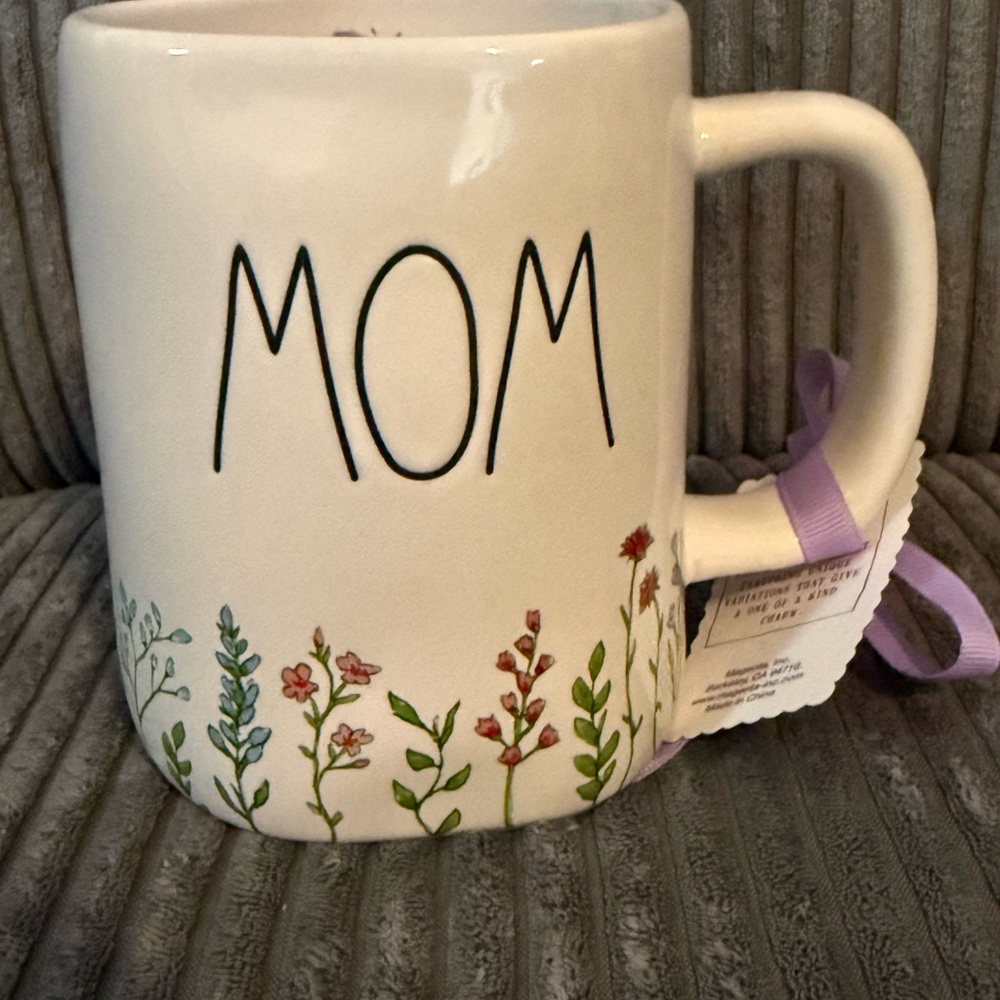 Rae Dunn MOM Floral Ceramic Mug — Cream with Green and Pink Accents